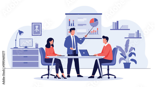 Professional business meeting where a presenter uses a chart board to discuss data with colleagues in a modern office.