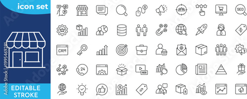Marketing icon set. Editable stroke. Containing campaign, market research, strategy, target audience, branding, advertising, promotion, and more. Outline Icon Collection.