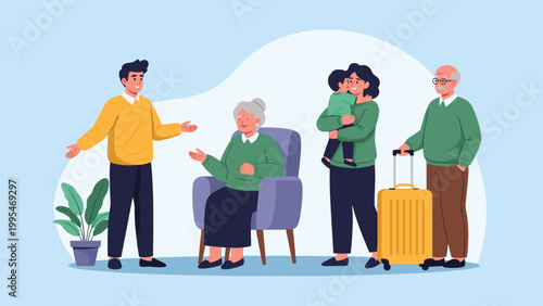 Heartwarming multigenerational family gathering featuring grandparents, parents, and children together in a comfortable home.