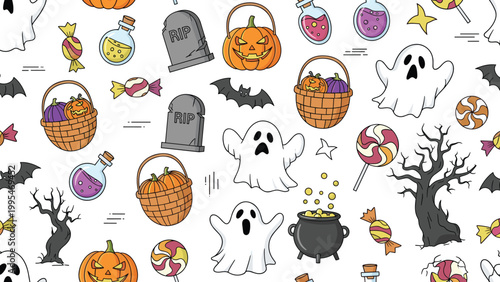 Fun seamless Halloween pattern featuring ghosts, pumpkins, bats, candy, and spooky trees on a white background.
