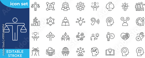 Skills line icon set. Editable stroke. Containing communication, empathy, assertiveness, personality, problem-solving, creativity, punctuality, work ethics, and more