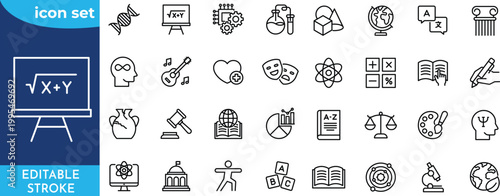 School Subject line icon set. Editable stroke. Contain icons related to school subject, branch of science, or learning material. includes Math, Science, Languages, history, and more.