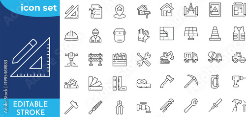 Construction and tools icon set. Editable stroke. Containing Build, house repair tools, engineering, builder and more.