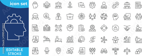 Human Resources icon set. Editable stroke. Containing HR, Human Resources, Recruitment, Employment, business, office, company, management. Outline Icon Collection.