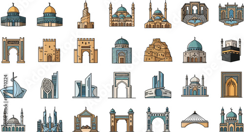 Comprehensive Islamic and Middle Eastern Architectural Icon Set Featuring Ancient Landmarks Grand Mosques Modern Skyscrapers and Desert Fortresses for Global Travel Design