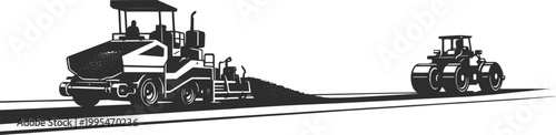Road Construction Asphalt Paving Machine and Tractor Silhouette Vector Illustration.
