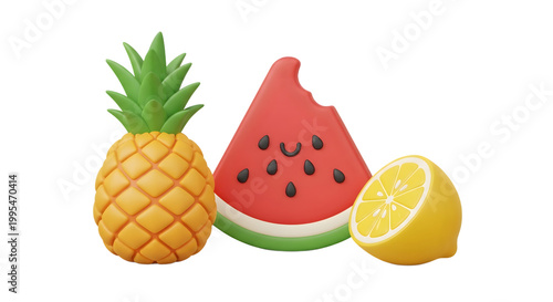Cute cartoon pineapple watermelon slice and lemon half isolated on white.