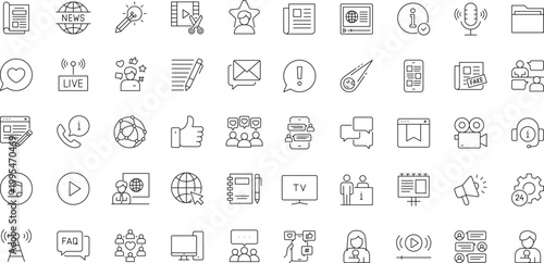 Media and news icon set. Editable stroke. Containing News, Television, blogging, social media, video, promotion, and more. Outline Icon Collection.
