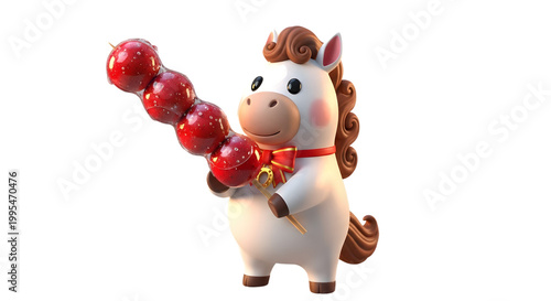 Cute cartoon pony character holding a traditional candied hawthorn skewer.
