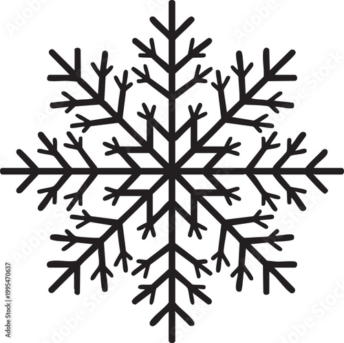 Black snowflake, winter icon, frosty symbol, vector graphic