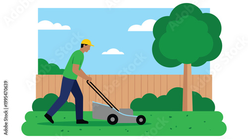 Man mowing lawn flat vector illustration for summer backyard chores.