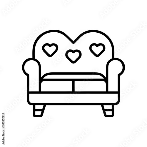 Outline sofa with heart shaped backrests on transparent background silhouette