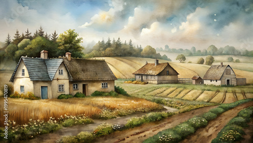 Watercolor village background, harmonious earth tones, traditional Slavic rural life backdrop with copy space