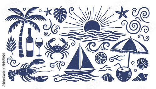Summer Beach Nautical Icons Navy Blue Linocut Illustration Set