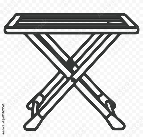 A black-and-white vector illustration of a portable folding camping table with X-shaped legs.