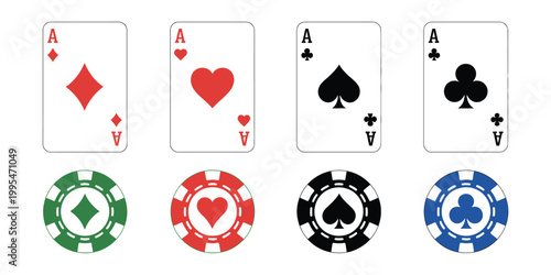 Casino Poker Cards and Chips Set, Aces of All Four Suits Including Diamonds, Spades, Hearts and Clubs, Playing Poker Concept, Poker Symbols Vector Illustration