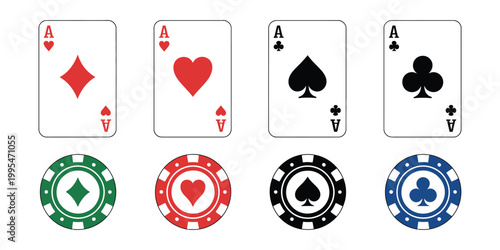 Casino Poker Cards and Chips Set, Aces of All Four Suits Including Diamonds, Spades, Hearts and Clubs, Playing Poker Concept, Poker Symbols Vector Illustration