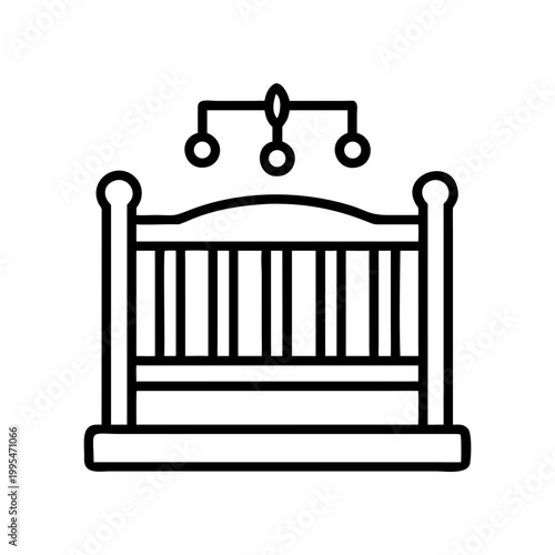 Outline drawing of a baby crib with mobile on transparent background silhouette