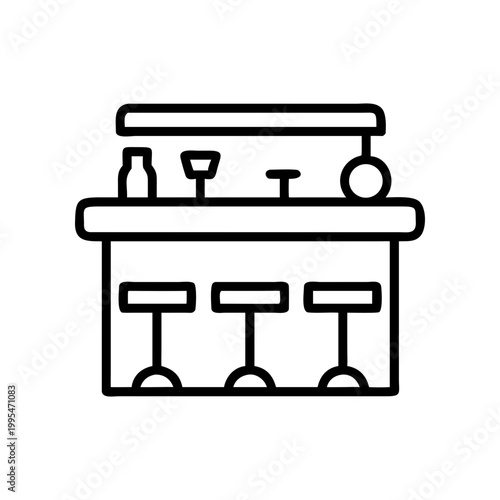 Outline drawing of a bar with three stools on transparent background silhouette