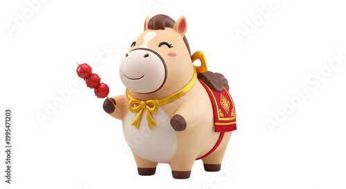 Cute cartoon style horse figurine holding a hawthorn skewer.