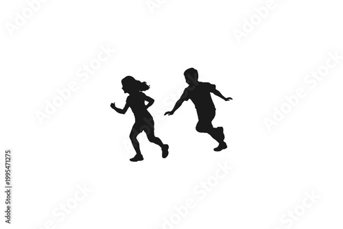 Silhouettes of two children running and playing