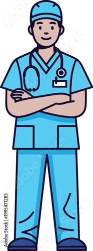 A cartoon illustration of a smiling male nurse in blue scrubs standing with his arms crossed.
