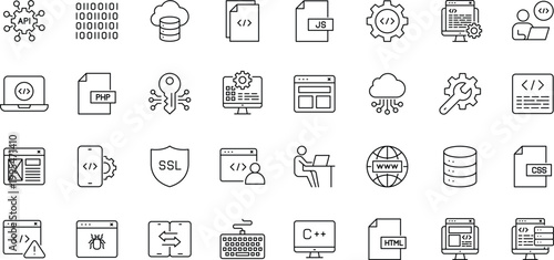 Programing & coding line editable icon set. Software development icon set. Editable stroke. Containing Code, api, programmer, developer, information technology, coder and more.