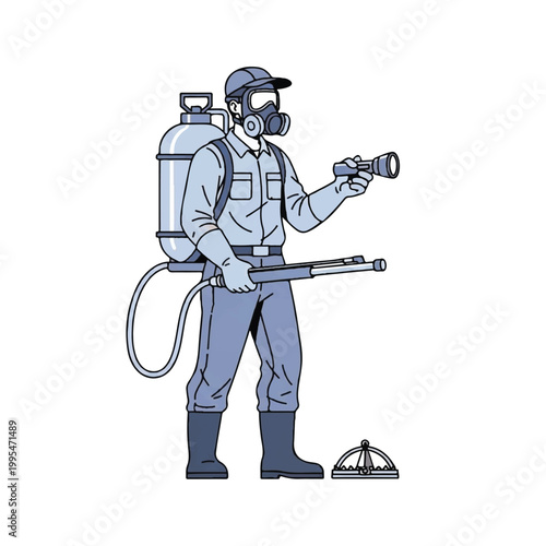 Pest Control Professional Wearing Protective Gear and Holding Sprayer.