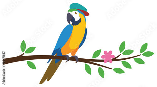 Colorful tropical parrot macaw bird sitting on tree branch with flower.