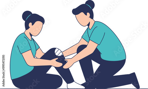 A vector graphic illustration of two women in teal shirts and dark pants, one kneeling and assisting the other with an injury or athletic wrap on her leg.