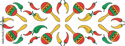 A vibrant illustration of maracas and chili peppers in a colorful flat design