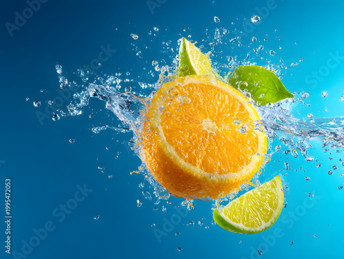 Splash of orange and lime with water on blue background in bright light at daytime