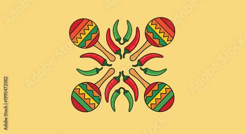 A vibrant vector graphic illustration of maracas and chili peppers in a colorful, symmetrical design