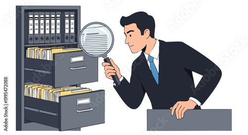 Business Man Searching Files. Document Investigation. Flat Vector Illustration. Data Management Concept.