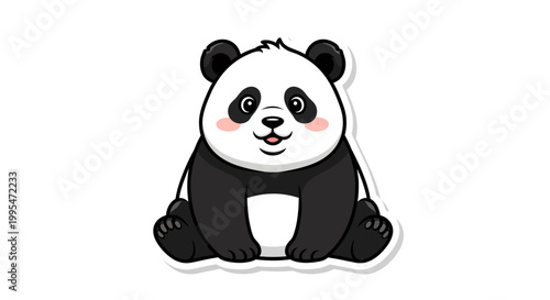 Cute cartoon panda bear sitting with rosy cheeks and a smile on white background