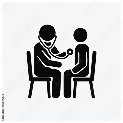 Silhouette icon of a doctor using a stethoscope to examine a patient sitting on a chair.