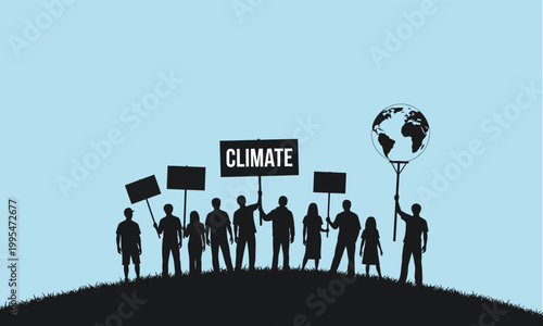 Silhouetted group of activists holding climate change protest signs on hill.