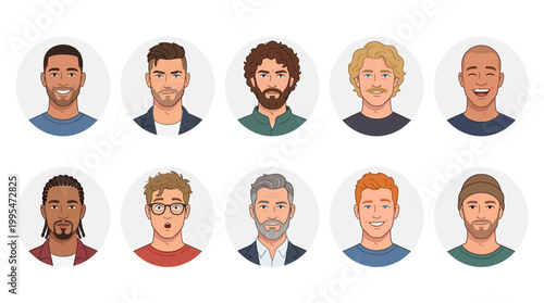 Male Face Avatar Vector Set – Handsome Men Cartoon Character Collection