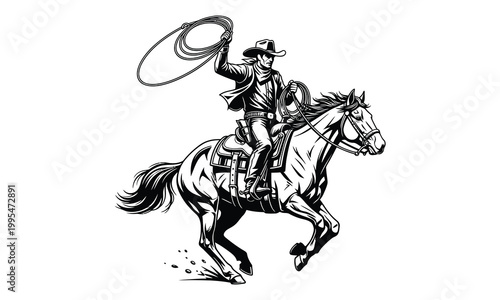 Vintage black and white cowboy riding horse with lasso in wild west style.