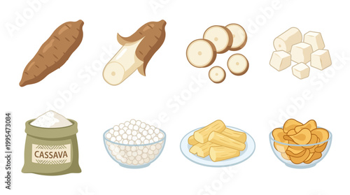 A collection of fresh raw cassava roots, peeled pieces, sliced sections, flour, tapioca pearls, cooked sticks, and crunchy crispy chips