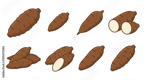 A collection of various brown cassava roots displayed in different shapes including whole tubers and sliced pieces for cooking
