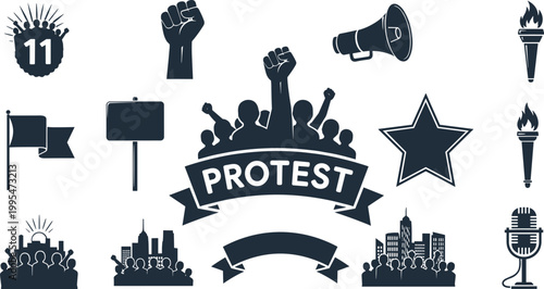 Protest Activism Silhouette Icons Set with Crowd Freedom Symbols