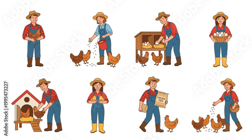 Cartoon farmers are shown tending to their chickens and collecting fresh eggs in various farm activities.