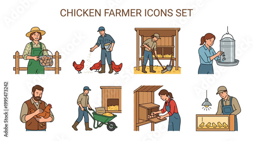 Diverse set of illustrated chicken farmers performing various daily agricultural tasks like collecting eggs feeding birds and maintaining coop health