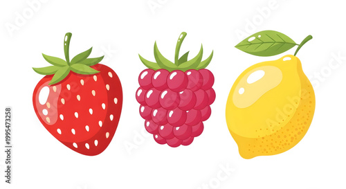 Fresh Strawberry Raspberry and Lemon Fruit Illustration.
