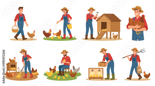 Set of diverse farmers performing various daily agricultural tasks such as feeding chickens and maintaining the coop for poultry care