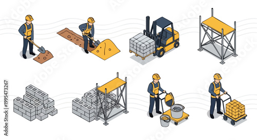 Construction workers. Building site elements. Isometric illustration. Vector graphics. Industry concept.