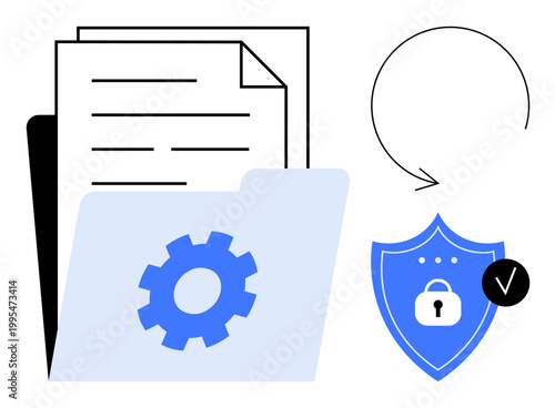 Data security concept. Data protection illustrated by a lock on a shield, a folder with a gear, and documents. Data security for cybersecurity, digital storage, privacy, backup solutions, compliance