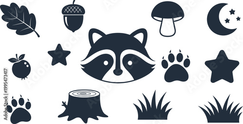 Raccoon Forest Silhouette Icons Set with Nature Night Symbols