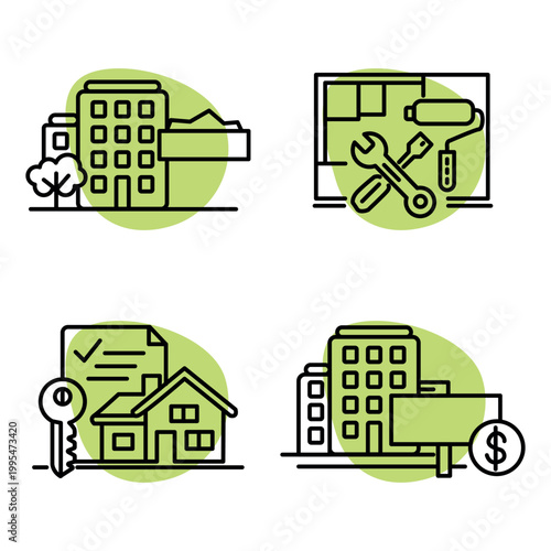 Apartment real estate and realtor icons for purchase and sale